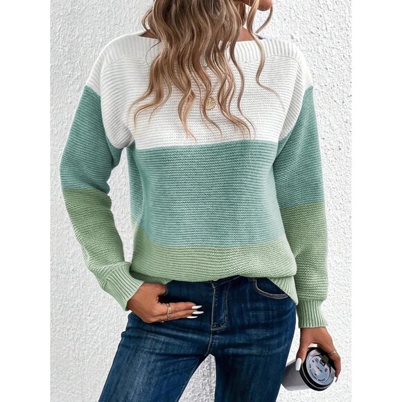 Women's Green Long Sleeve Crew Neck Color Block Fall Fashion Pullover Sweaters - Picture 4 of 6